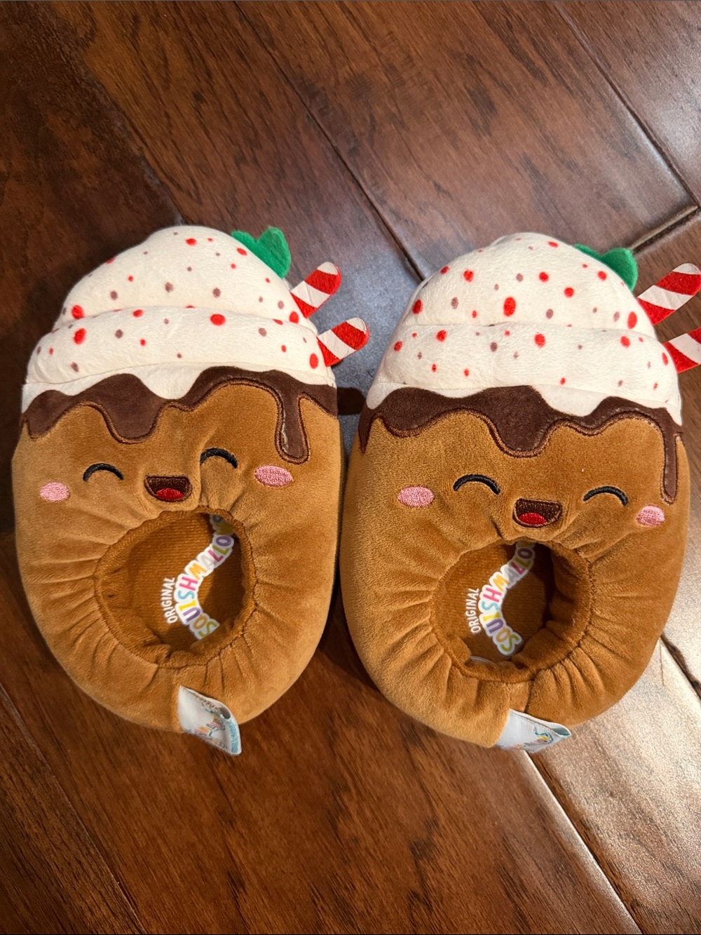 Squishmallows Brown & White Donut Plush Kids Slippers with Red Sprinkle Accents